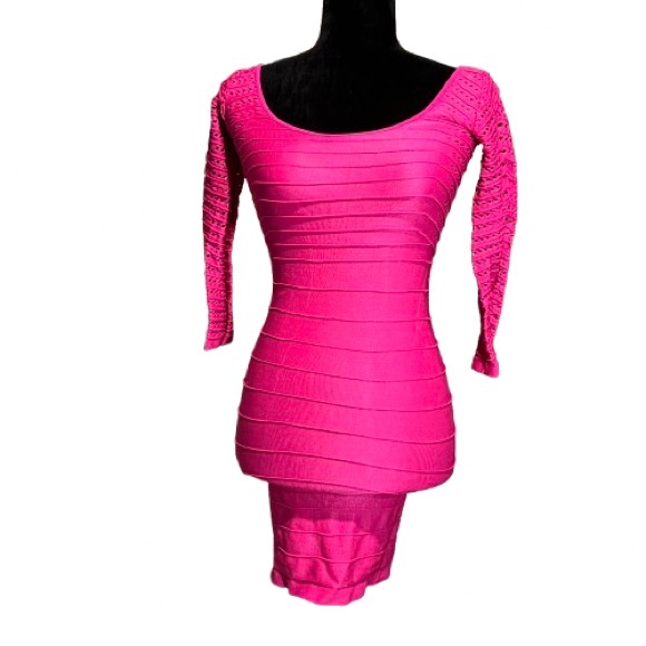 Bebe Ellie Off The Should Perforated Bandage Bodycon Dress in Fucsia Pink Smalll - Picture 2 of 7